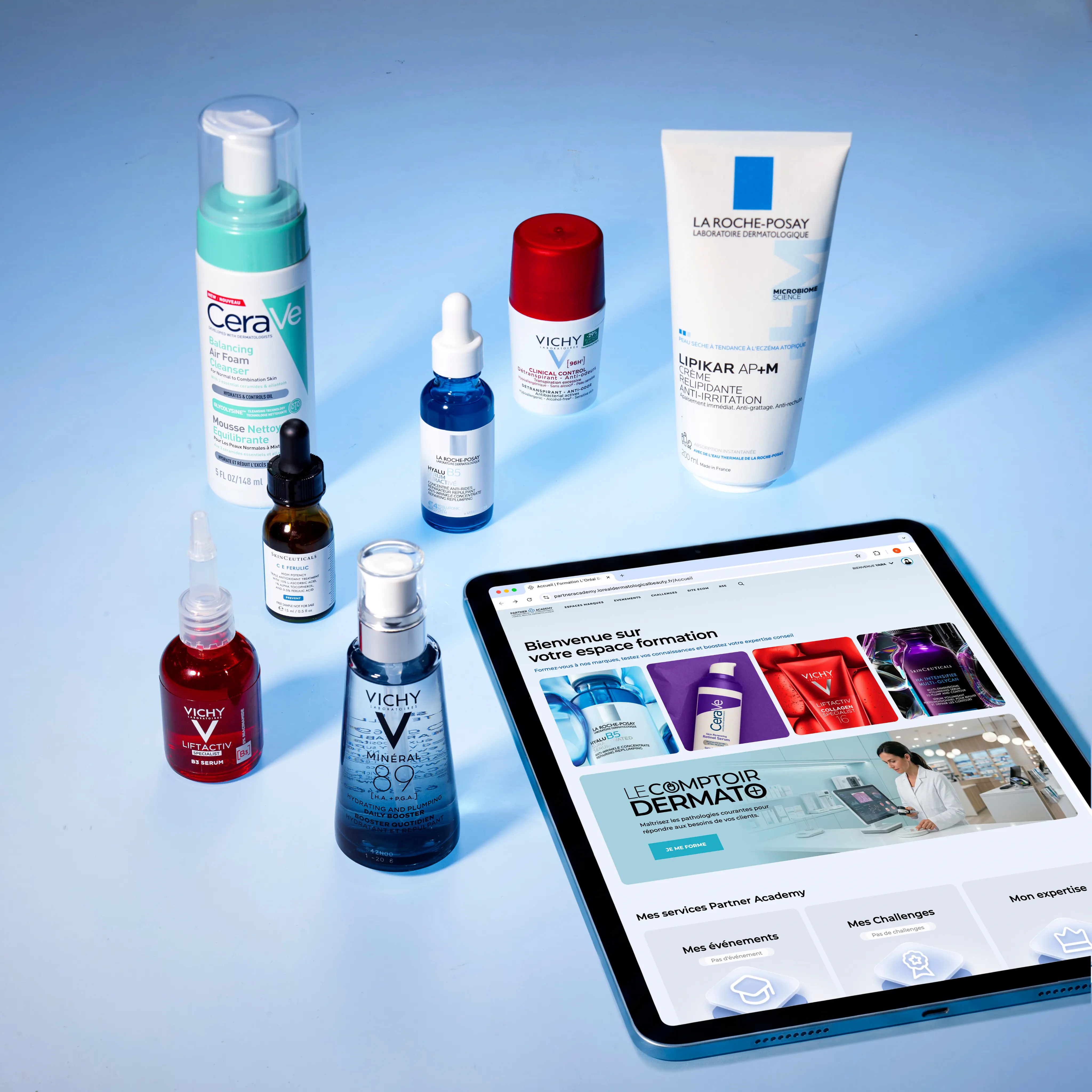 Plateforme Partner Academy affichée sur tablette avec les marques dermatologiques